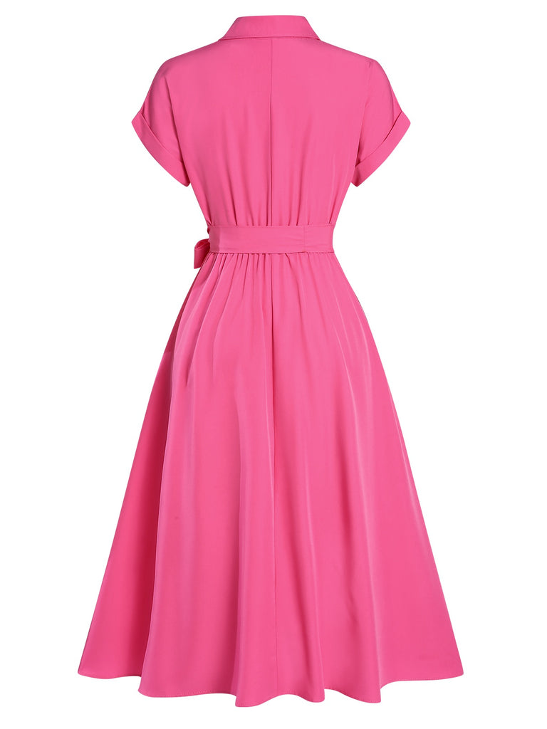 1940s Solid Cap Sleeves Buttoned Shirt Dress