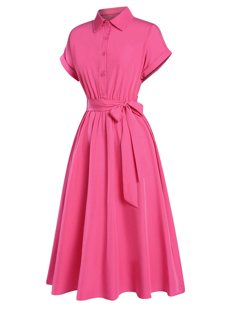 1940s Solid Cap Sleeves Buttoned Shirt Dress