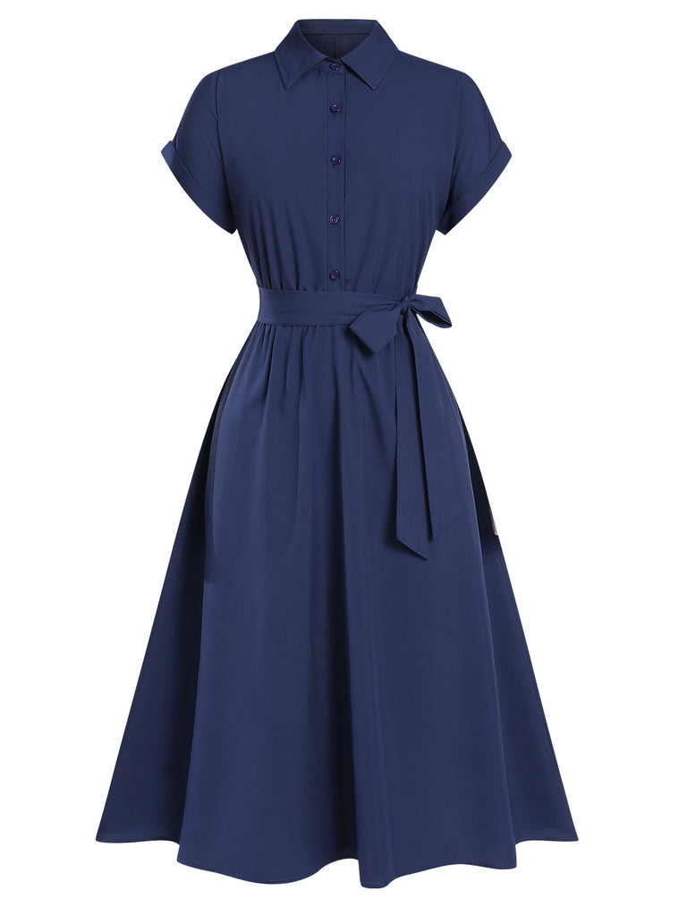 1940s Solid Cap Sleeves Buttoned Shirt Dress