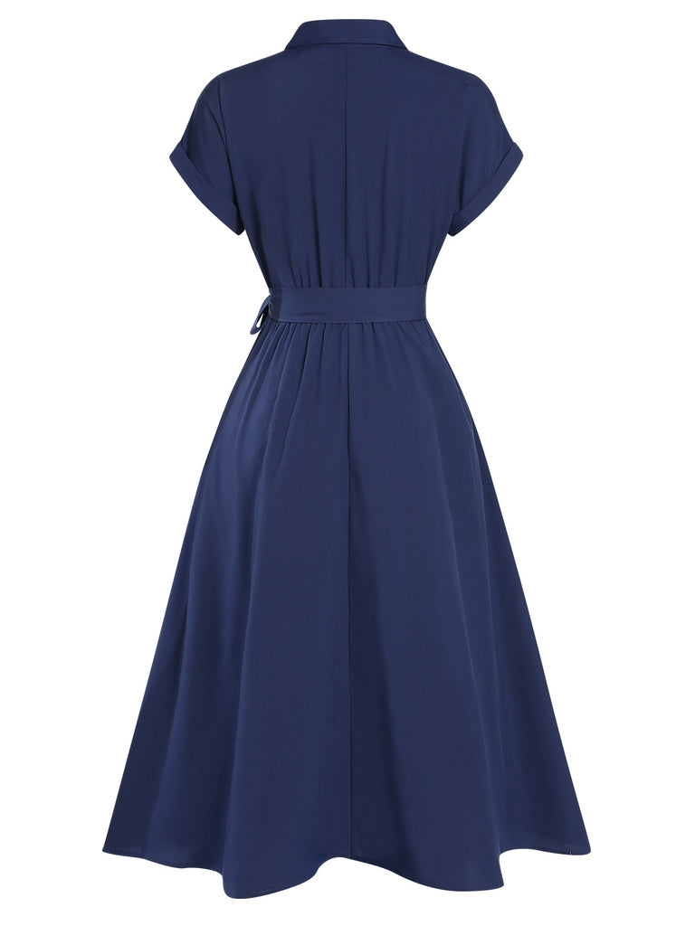 1940s Solid Cap Sleeves Buttoned Shirt Dress