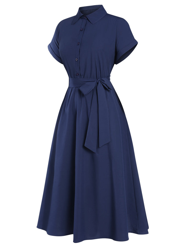 1940s Solid Cap Sleeves Buttoned Shirt Dress