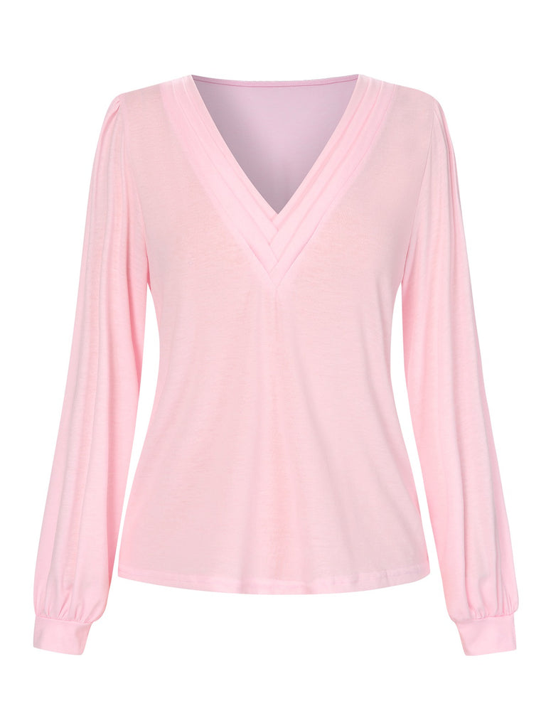 Pink 1930s V-Neck Lantern Sleeve Top