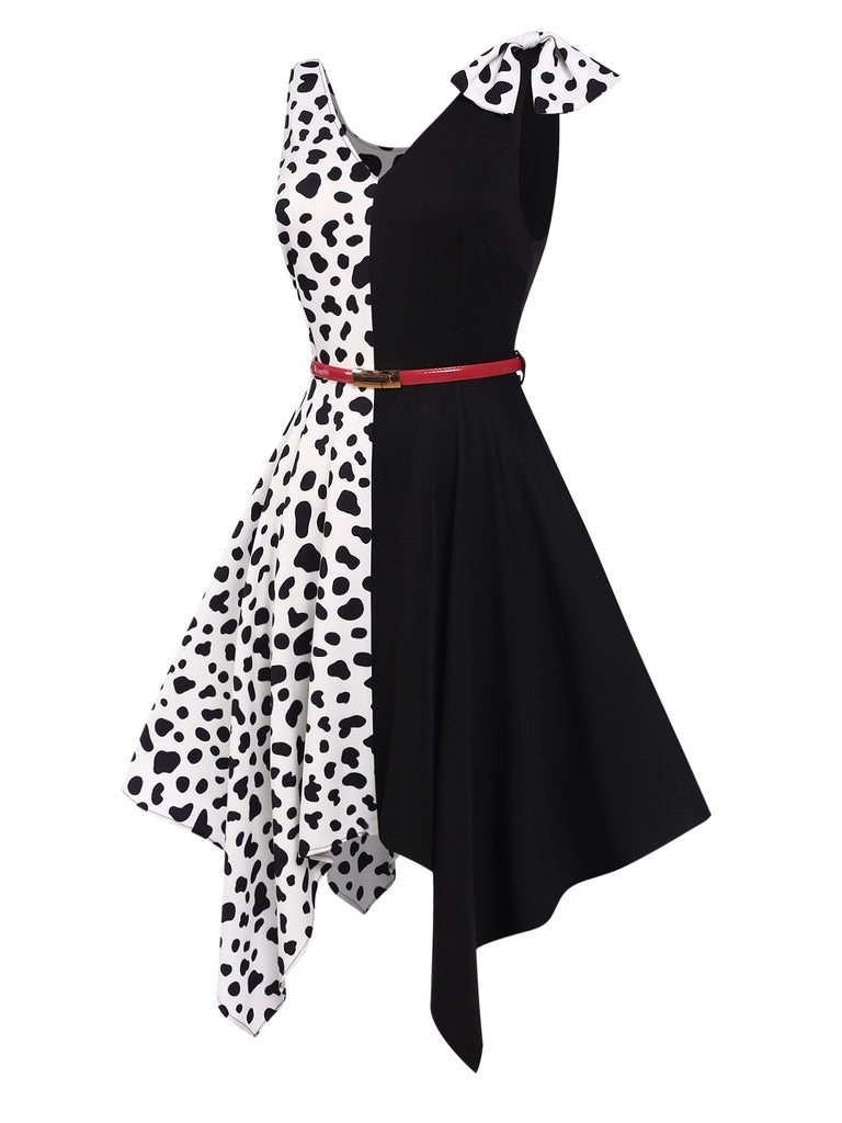 Black 1970s Cow Spots Patchwork Dress