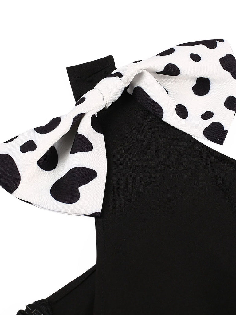 Black 1970s Cow Spots Patchwork Dress