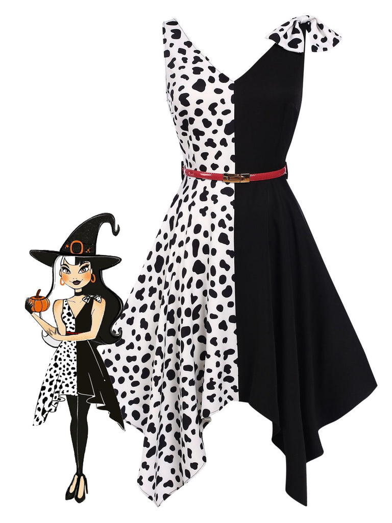 Black 1970s Cow Spots Patchwork Dress