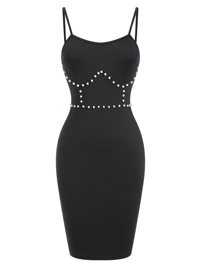 Black 1960s Solid Pearl Spaghetti Straps Dress