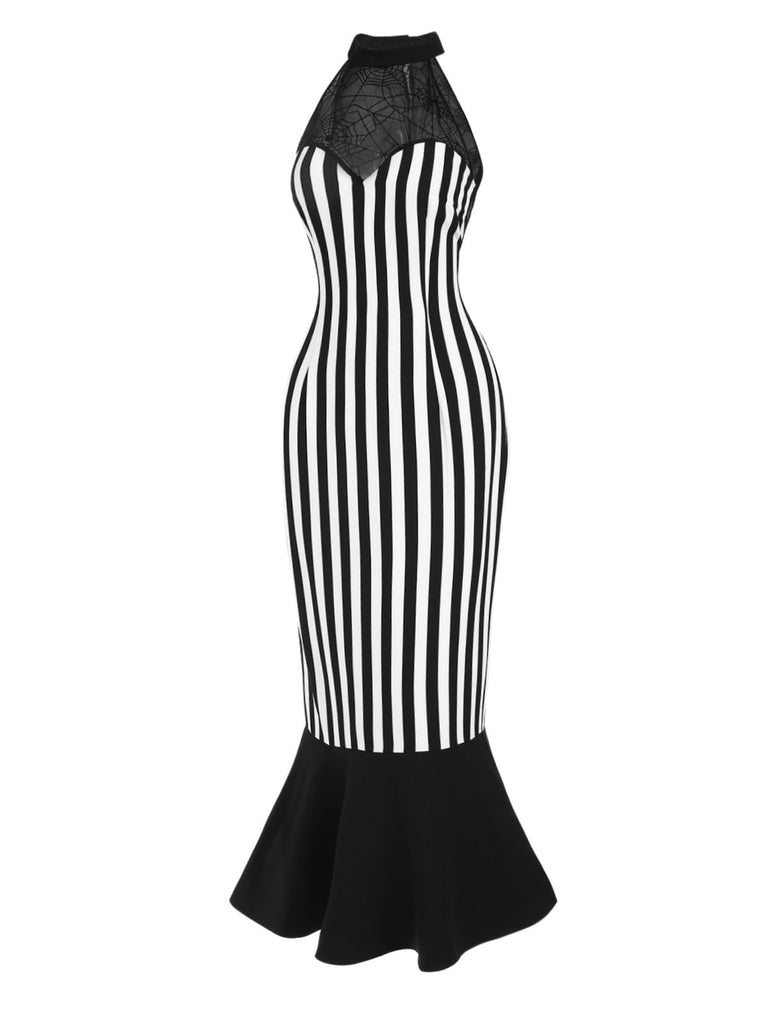 Black 1930s Spiderweb Mesh Stripe Fishtail Dress