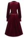 Wine Red 1940s Long Sleeves Velvet Ruched Dress