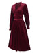 Wine Red 1940s Long Sleeves Velvet Ruched Dress