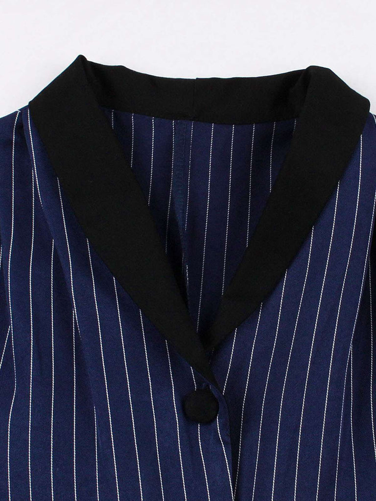 Dark Blue 1950s Striped Patchwork Belted Dress