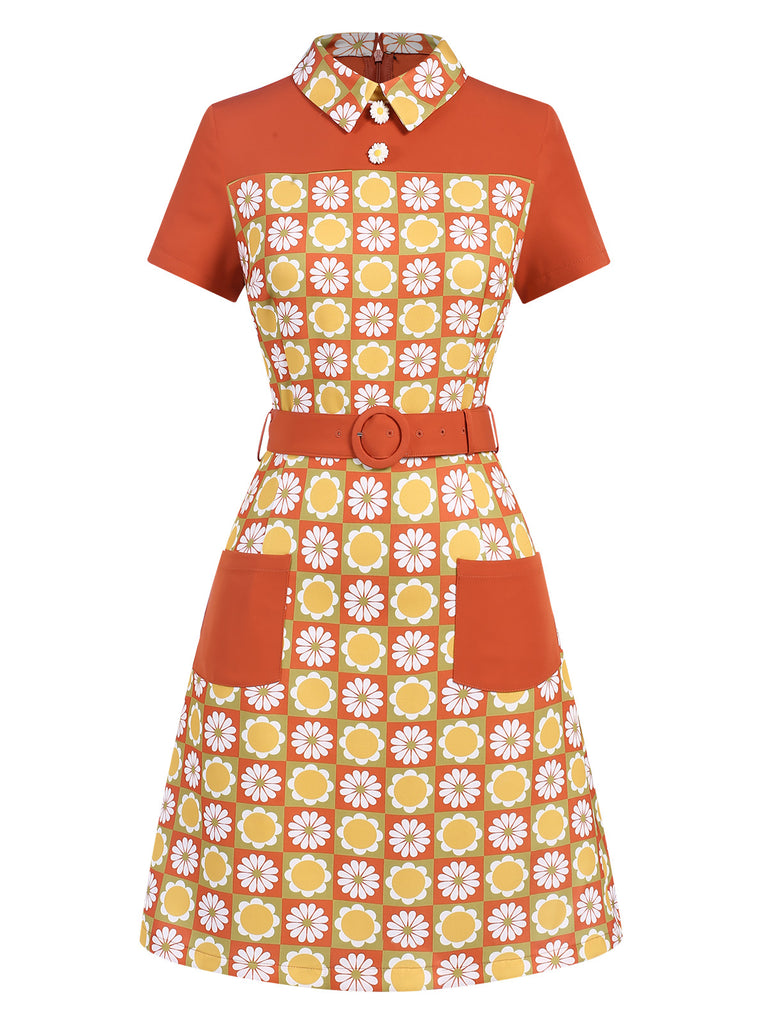 Multicolor 1960s Daisy Lapel Belt Dress