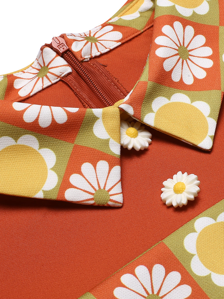 Multicolor 1960s Daisy Lapel Belt Dress