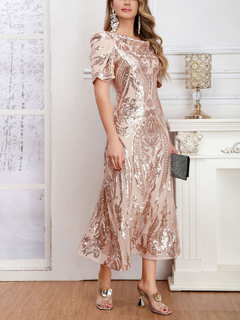 Beige 1920s Embroidered Sequined Evening Dress