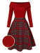 Green 1950s Christmas Off Shoulder Tartan Dress