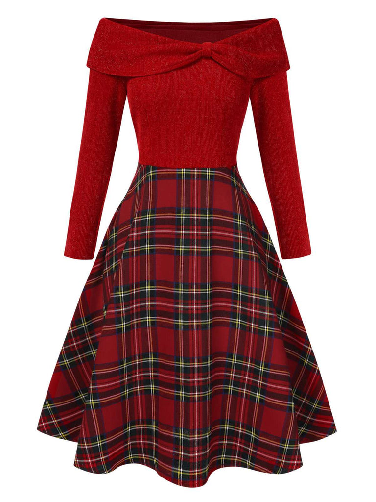 Green 1950s Christmas Off Shoulder Tartan Dress