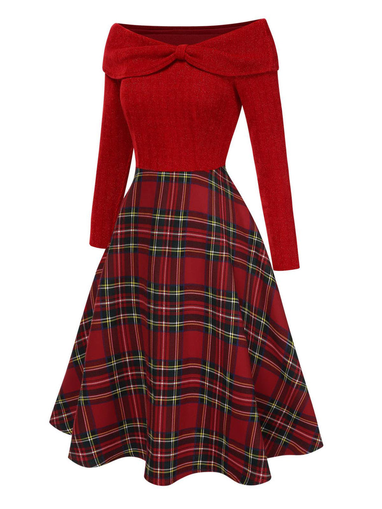 Green 1950s Christmas Off Shoulder Tartan Dress