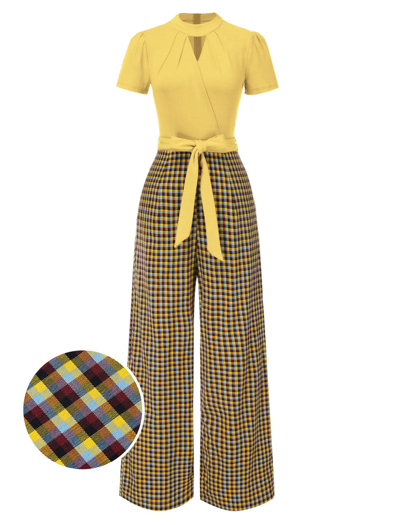 Green 1930s Plaid Keyhole Neck Belted Jumpsuit