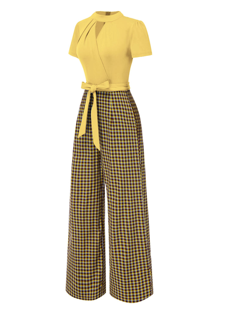 Green 1930s Plaid Keyhole Neck Belted Jumpsuit