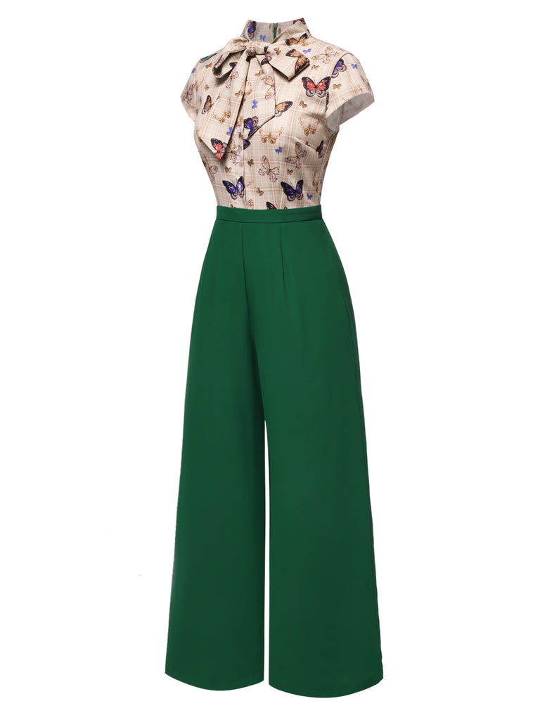 Green 1930s Tie Neck Plaids Butterflies Jumpsuit