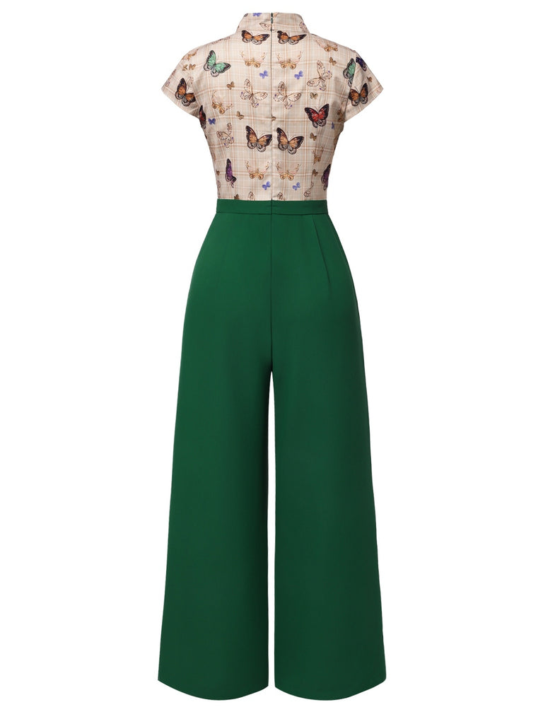 Green 1930s Tie Neck Plaids Butterflies Jumpsuit