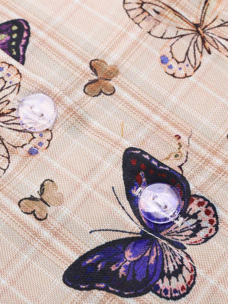 Green 1930s Tie Neck Plaids Butterflies Jumpsuit