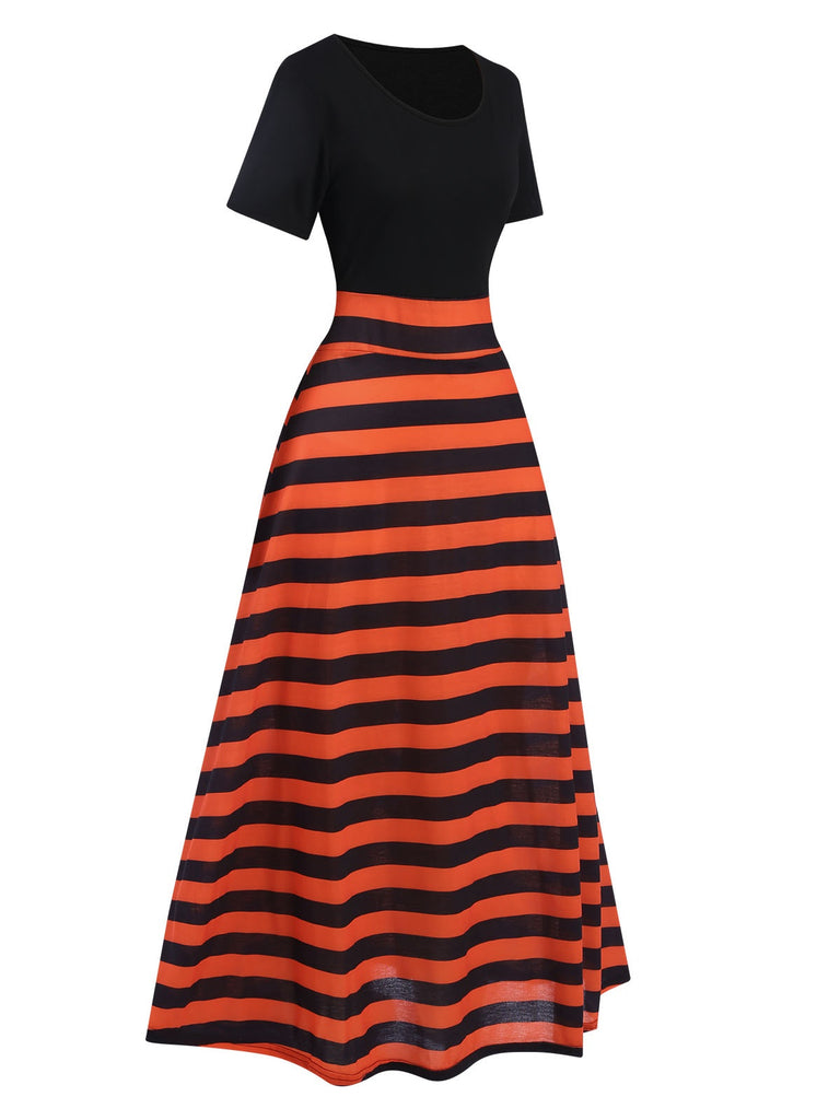 Black & Orange 1970s Stripes Colorblock Dress