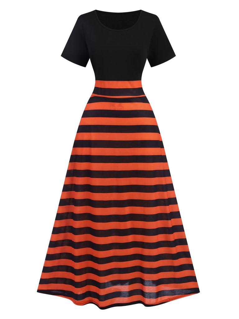 Black & Orange 1970s Stripes Colorblock Dress