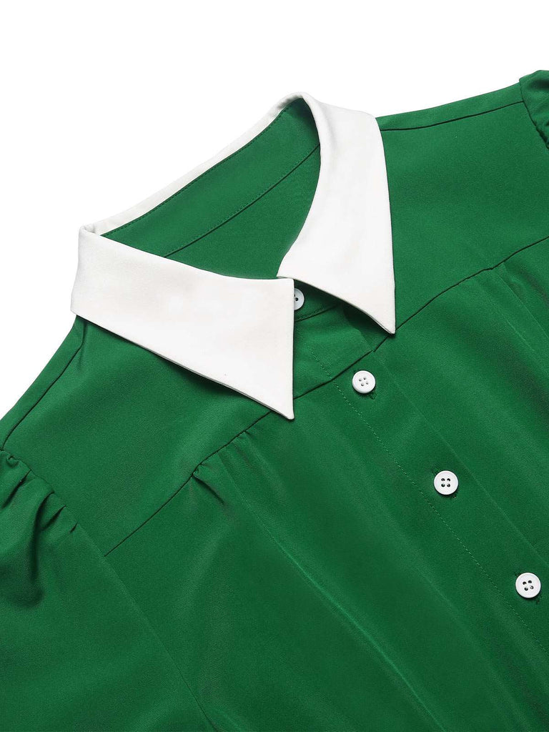 Green 1940s Contrast Shirt Collar Dress