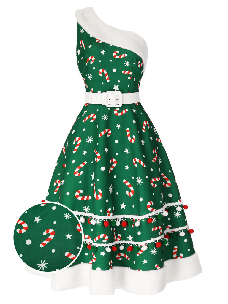 Red 1950s Candy Cane One-Shoulder Dress
