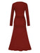 Wine Red 1930s Pleated Long Sleeve Solid Dress