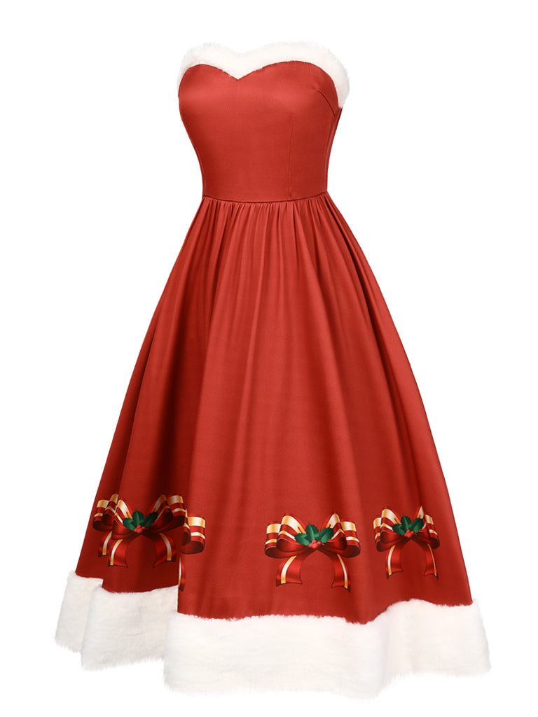 Red 1950s Christmas Strapless Bow Fur Trim Dress
