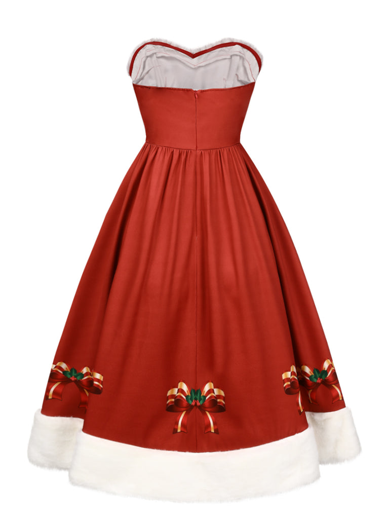 Red 1950s Christmas Strapless Bow Fur Trim Dress