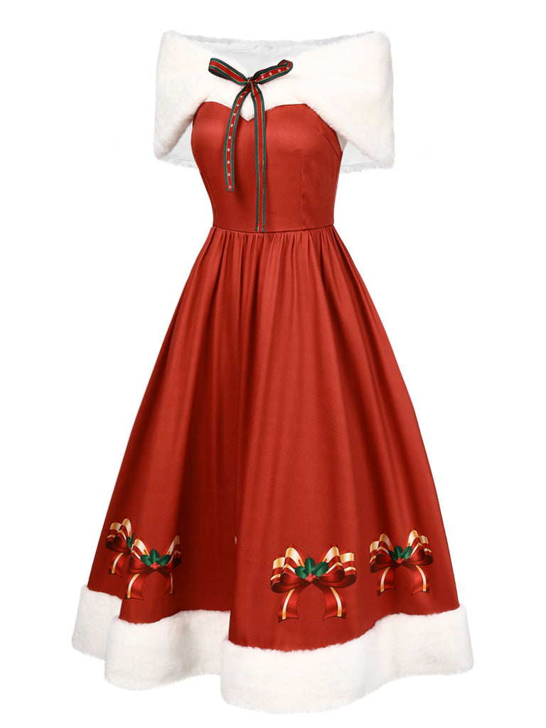 2PCS Christmas 1950s Strapless Bow Fur Dress & Shawl
