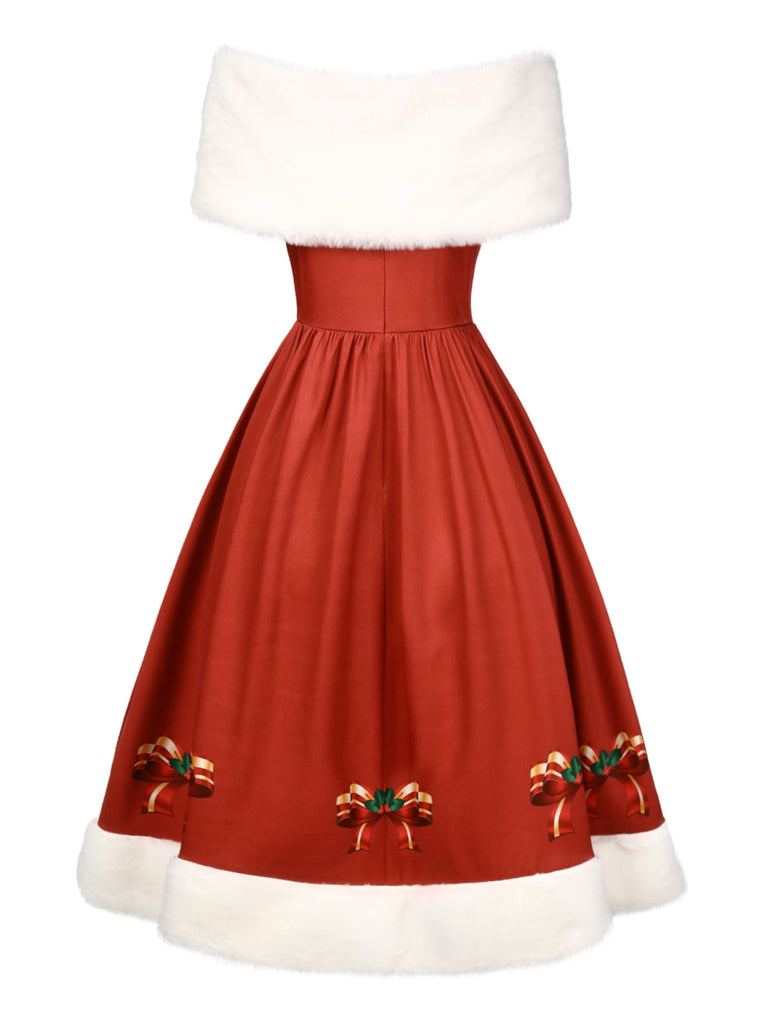 2PCS Christmas 1950s Strapless Bow Fur Dress & Shawl