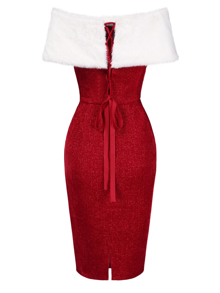 Green 1960s Faux Fur Off-Shoulder Dress