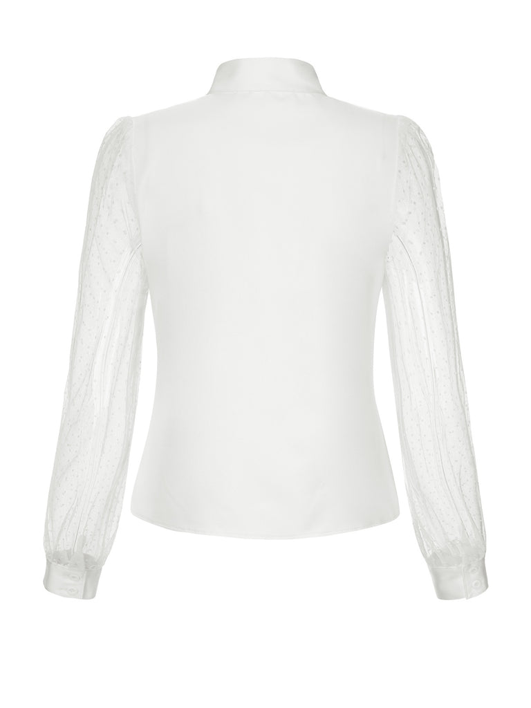 White 1940s Tie Neck Mesh Swiss Dots Blouse