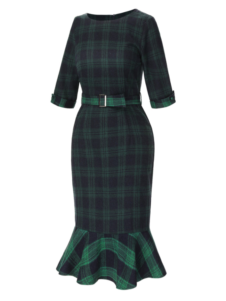 1930s Crew Neck Tartan Plaid Belted Mermaid Dress
