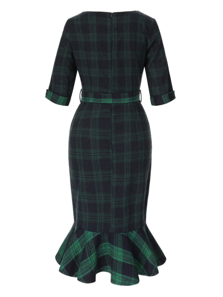 1930s Crew Neck Tartan Plaid Belted Mermaid Dress
