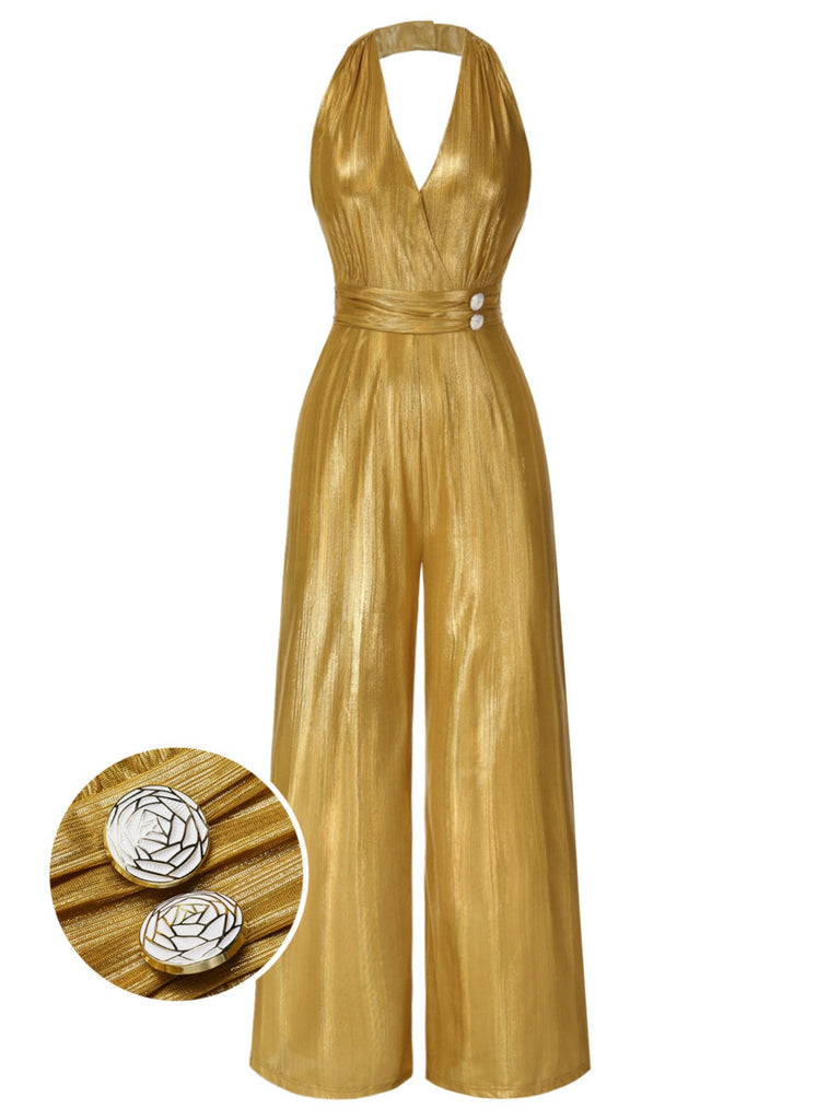 Gold 1970s Solid V-Neck Halter Jumpsuit