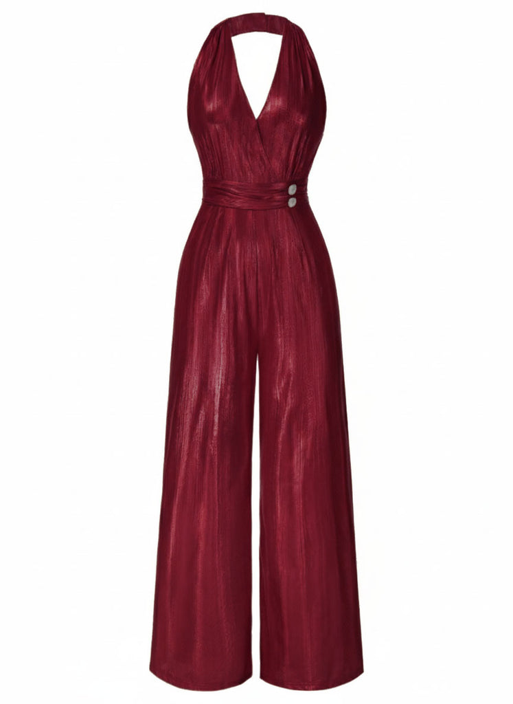 Gold 1970s Solid V-Neck Halter Jumpsuit