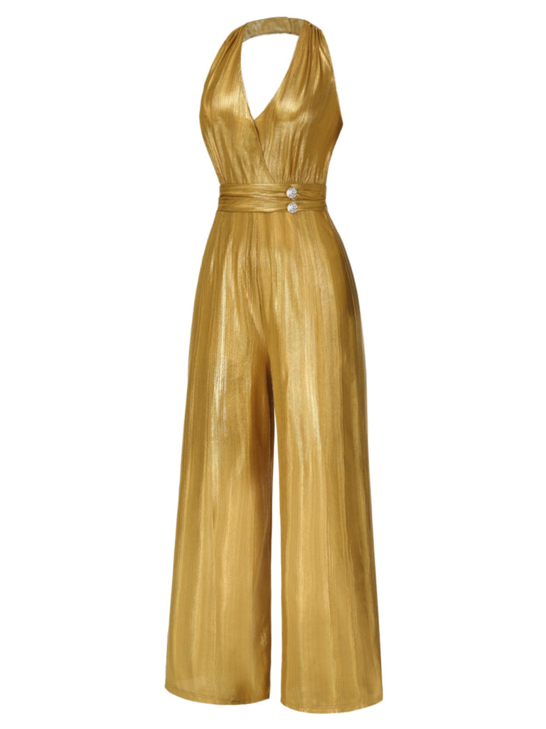Gold 1970s Solid V-Neck Halter Jumpsuit