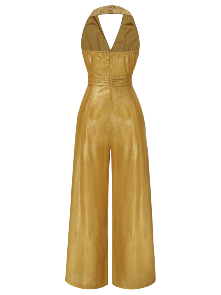 Gold 1970s Solid V-Neck Halter Jumpsuit