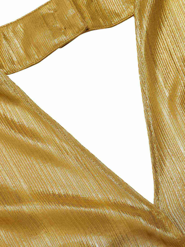 Gold 1970s Solid V-Neck Halter Jumpsuit