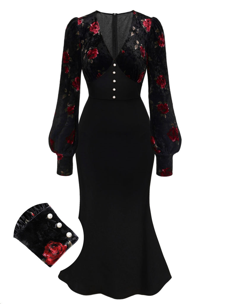 Black 1930s Rose Velvet Fishtail Dress