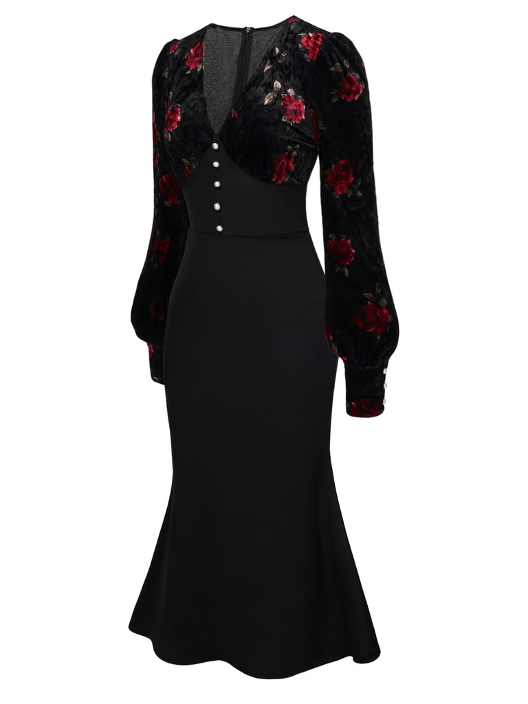 Black 1930s Rose Velvet Fishtail Dress