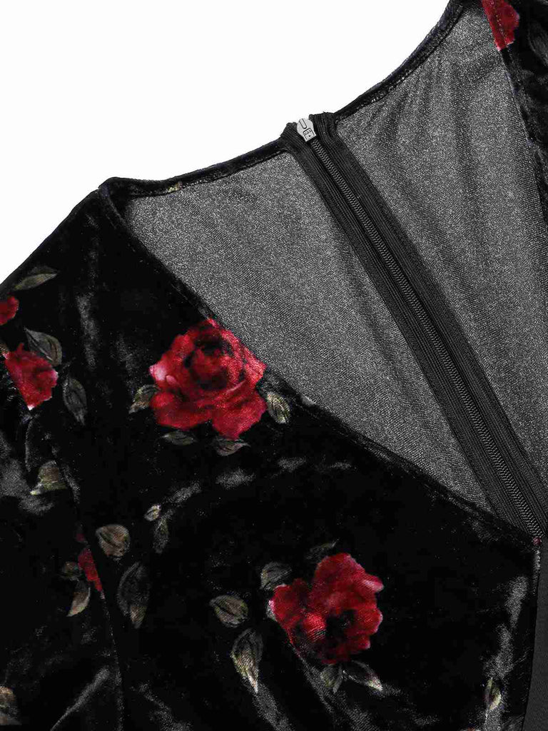 Black 1930s Rose Velvet Fishtail Dress