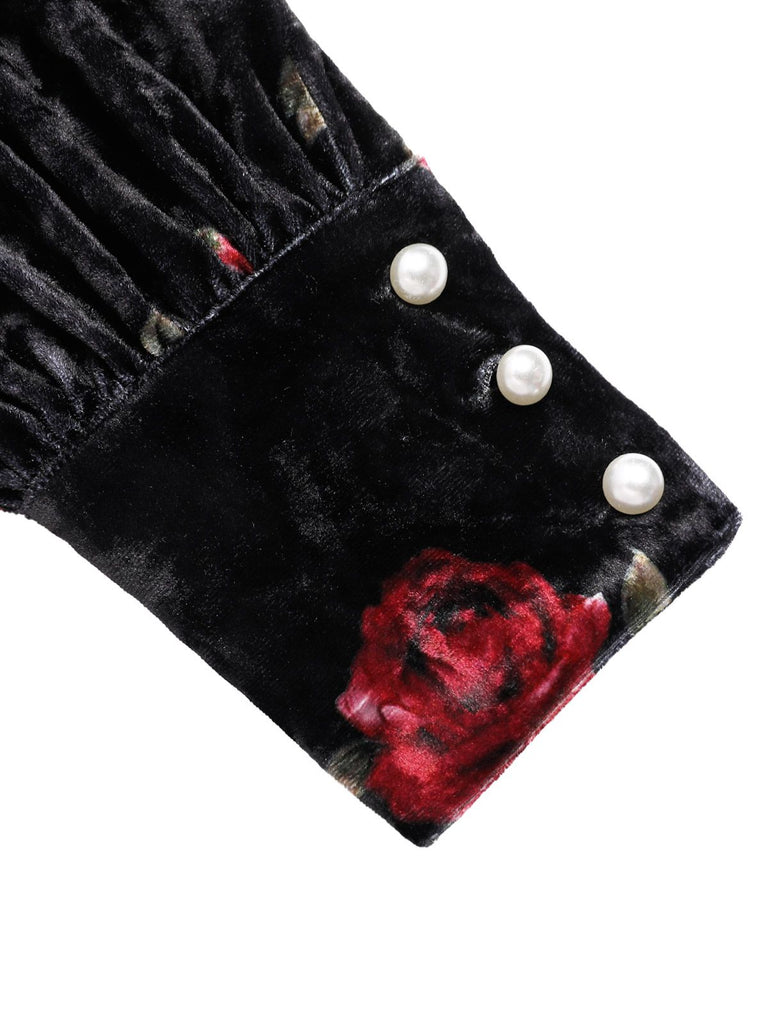 Black 1930s Rose Velvet Fishtail Dress