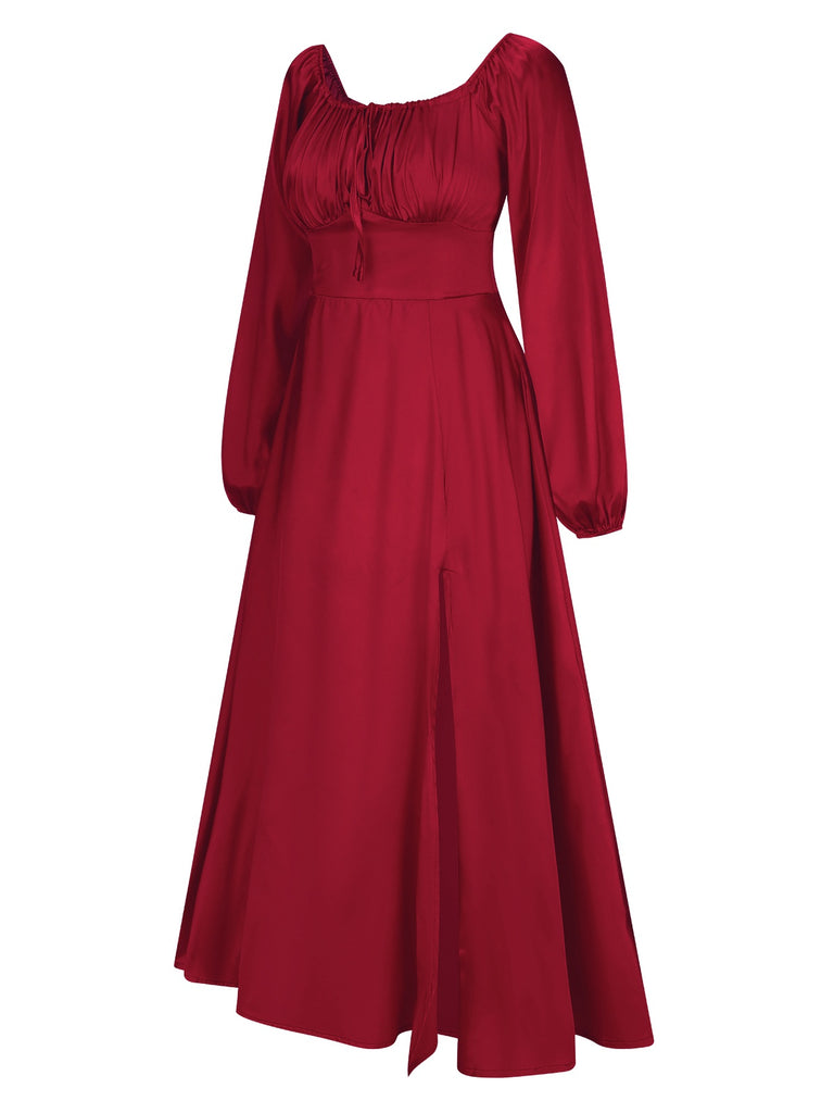 1940s Solid Square Neck Pleated Dress