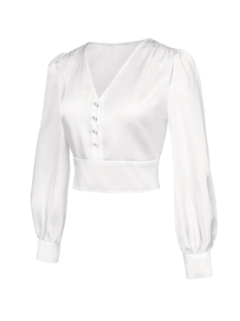White 1940s Satin V-Neck Lantern Sleeves Blouse