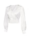 White 1940s Satin V-Neck Lantern Sleeves Blouse